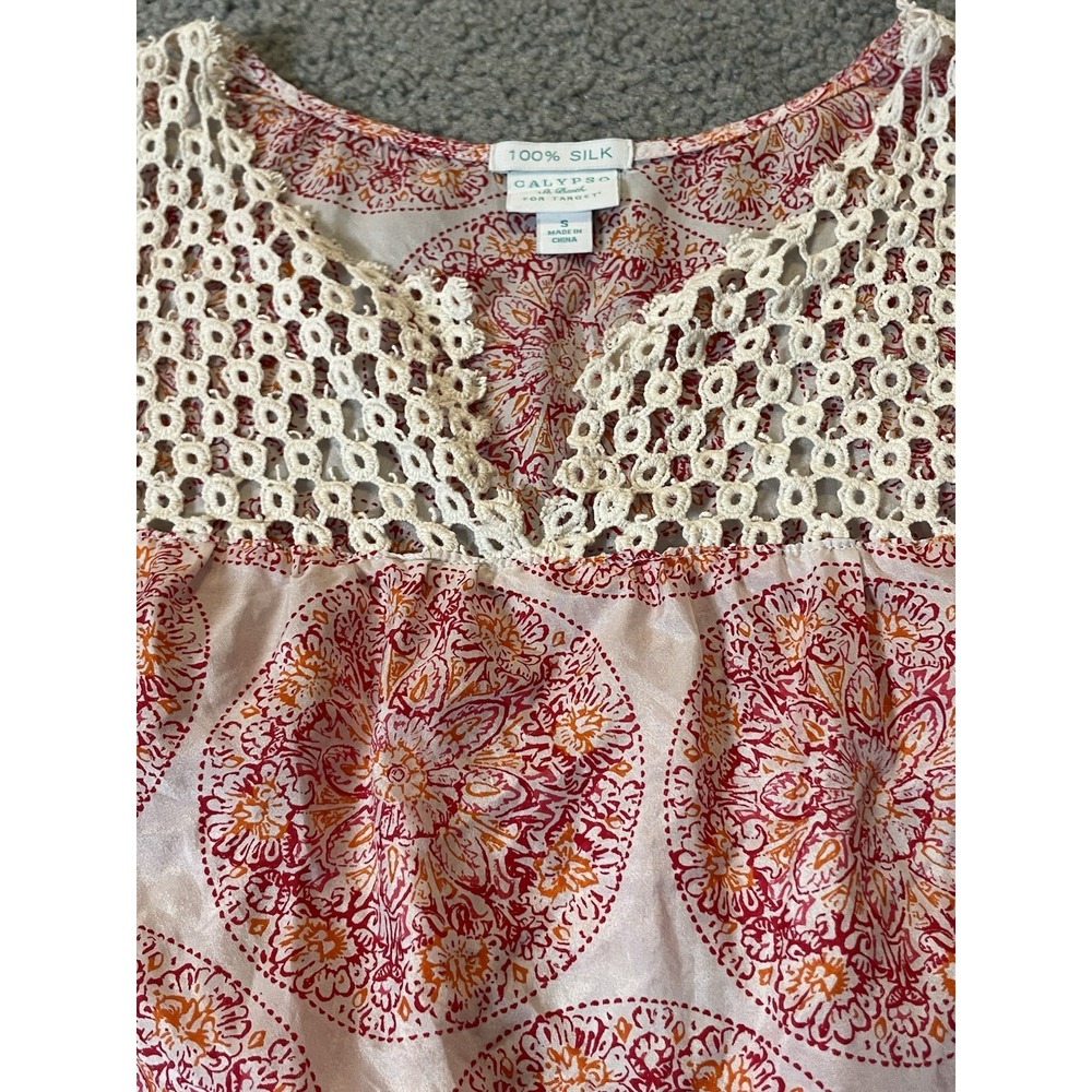 Calypso Saint Barth Silk Floral Blouse S Pink Embroidered Lace Trim Boho - Picture 5 of 13